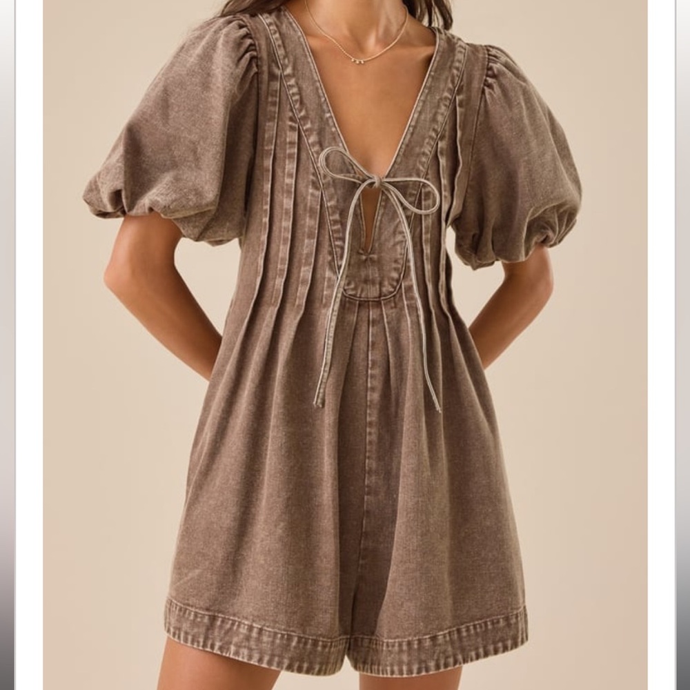 Altar'd State Taupe Puff Sleeve Romper